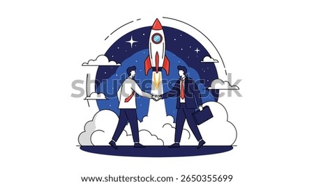 Successful business partnership launching a new venture with rocket