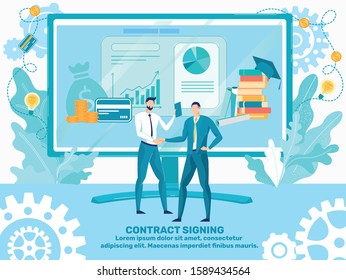 Successful Business Partnership, Profitable Deal, Financial Investments Contract Signing Flat Vector Ad Banner, Promo Poster Template with Two Businessmen Handshaking, Making Agreement Illustration