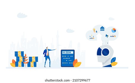 Successful business people and artificial intelligence. People meets robots, learning to work together with robots. Robots get priority
