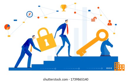 Successful business people caring the lock up the stairs. Start up, new business concept illustration. 