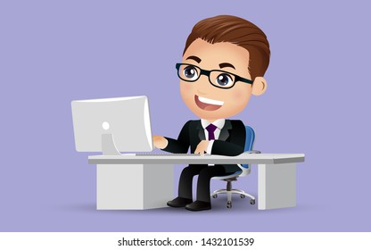 Successful business people character working on a laptop computer at office desk. Business concept illustration