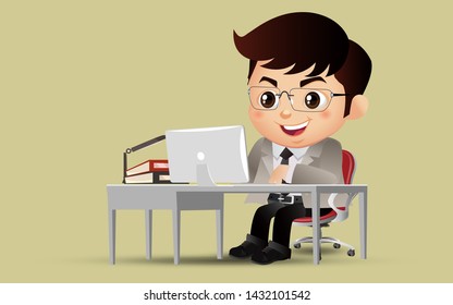 Successful business people character working on a laptop computer at office desk. Business concept illustration