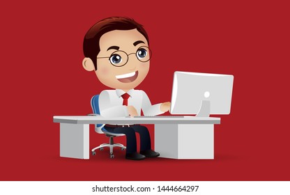 Successful business people character working on a laptop computer at office desk. Business concept illustration