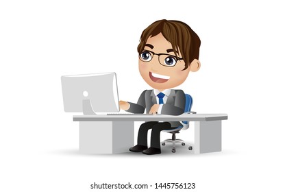 Successful business people character working on a laptop computer at office desk. Business concept illustration