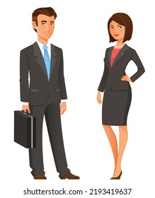 Successful business people in elegant black suit. Young man and woman in office attire. Cartoon character. Isolated on white.