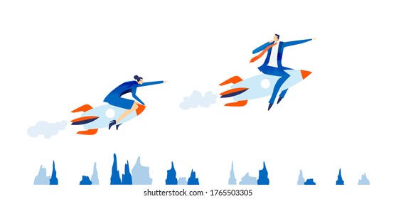 Successful business people flying with rocket, new business, start up. Future opportunities, looking forward, making designs and making a progress concept. Modern flat design business illustration