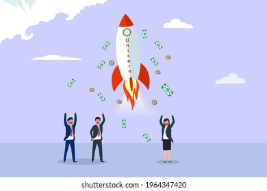 Successful business people getting money from unicorn rocket startup