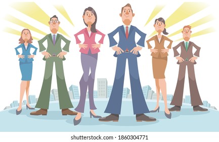 Successful business people group standing above the city skyline. Concept of success, hope, confidence, teamwork.  Vector illustration in flat cartoon style.