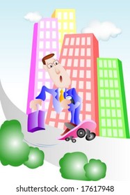 Successful Business People - jumping with a busy sales man on a background of blue sky and colorful building : vector illustration