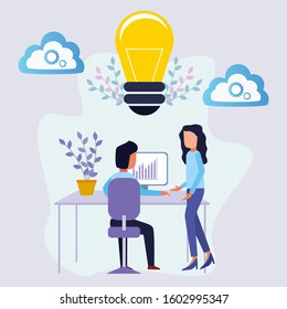 Successful Business People With A Laptop With Colleagues Who Give Advice And Input Pointing At The Screen. Success In Business And Economic Growth. Modern Vector Illustration