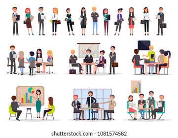 Successful business people on meetings poster color vector illustration of office workers analyzing statistical information and working with new ideas