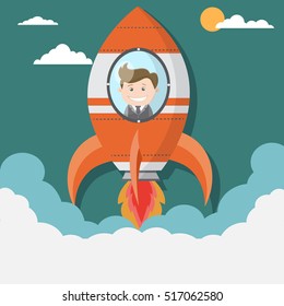Successful business people on the rocket , Flat design business concept illustration.