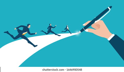 Successful business people running on the way which businessman hand was drawing for them as gaudiness and direction. Support, working together and help concept