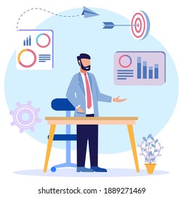 Successful business people stand at the table with business process icons and infographics in the background. Business charts and diagrams. Vector illustration.