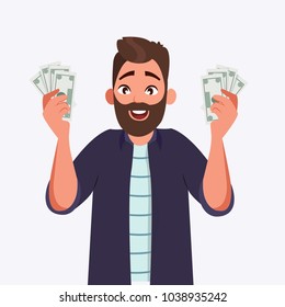 Successful Business, People, Success And Fortune Concept - Happy Business Man With Dollar Money In Hand Millennials  - Vector Illustration