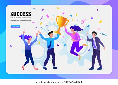 Successful business people take the gold trophy jumping. Winning of competition. Vector illustration flat style.
