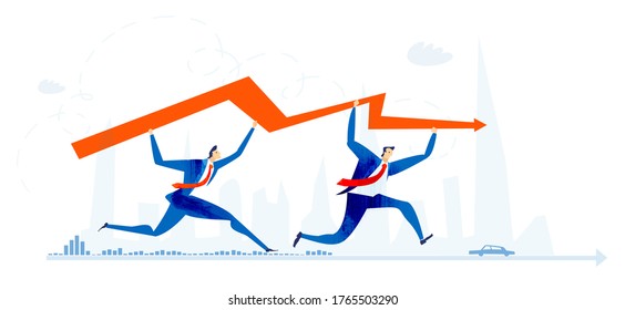 Successful business people, team running with red arrow as symbol of quick respond to the problem, support and advice, consultancy and management  service. Modern flat design business illustration