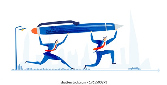 Successful business people, team running with pen ready to sign the contract or deal.  Support and advice, consultancy and management  service. Modern flat design business illustration