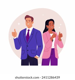 Successful business people. Vector cartoon flat illustration of young smiling man and woman in business suits with thumbs up. Isolated on the background.