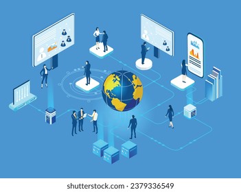 Successful business people are working around big globe. Start up, international business concept working together, cooperating on ideas. Isometric business concept environment