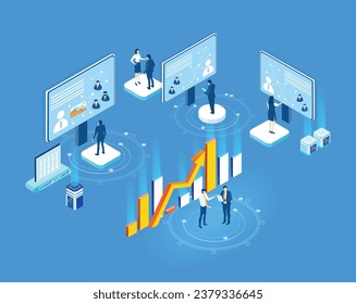 Successful business people are working with data, analysing graphs, cooperating on ideas. Isometric business concept environment