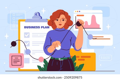 Plan de negocios exitoso. Chica joven con tareas y objetivos. Planificación y programación. Ambicioso emprendedor desarrolla estrategia para alcanzar objetivos financieros. Ilustración vectorial plana