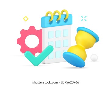 Successful business planning and time management with calendar, hourglass and complete checkmark 3d icon isometric vector illustration. Positive deal development with gear mechanism isolated