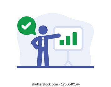 Successful business presentation on white board with increasing graph and correct strategy