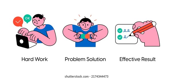 Successful business problem solving - set of business concept illustrations. Hard work, Problem solution, Effective result Visual stories collection
