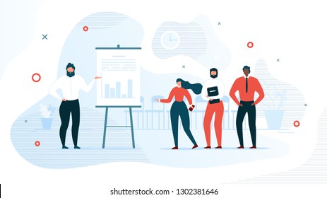 Successful Business Project Presentation, Company Strategy Planning, Statistics Indicators Analysis Flat Vector Concept. Businessman Showing Graphs on Flip Chart for Colleagues in Office Illustration