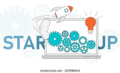 Successful business project startup process flat vector illustration. Colorful poster of social media with notebook device and rocket and bulb and pinion.