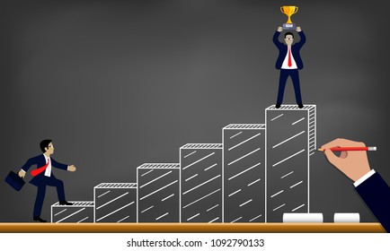 Successful business race concept  Businessmen walk up the bar graph to the goal  drawing blackboard background    progress in the job  the highest organization  Vector illustration