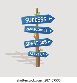 Successful business road signs: success, own business, great job, start up. Vector colorful illustration in flat style