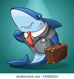 successful business shark painted in the style of cartoon