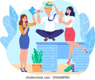 Successful business, sports in office, women team, employees work, happy man, cartoon style vector illustration, isolated on white