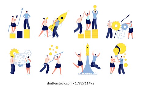 Successful business startup. People boosting, idea start and accelerating innovation development. Modern creative team vector illustration