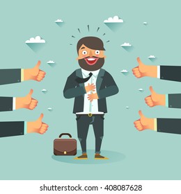 Successful business story concept. Happy businessman got a lot of likes from partners and clients. Vector colorful illustration in flat style