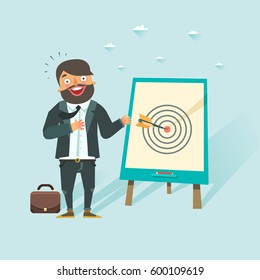 Successful business story concept. Happy businessman got a win in darts. Vector character in flat style