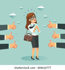 Successful business story concept. Happy businesswoman got a lot of likes from partners and clients. Vector colorful illustration in flat style