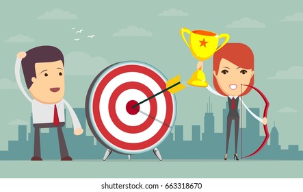 Successful business story concept. Happy and Lucky business woman Vector colorful illustration in flat style