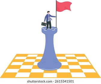 Successful business strategy. businessman standing on chess and holding a flag.

