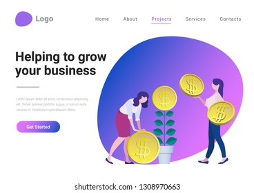 Successful Business Strategy Consulting Investment Flat style vector illustration landing page banner. Businesswoman helping take more coins from money tree. Entrepreneur grows plant with coin flower.