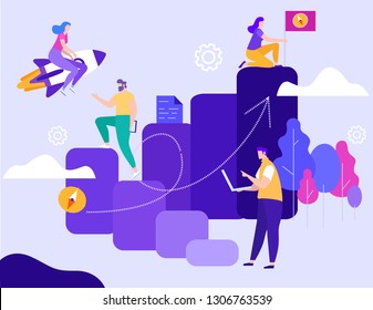 Successful Business Strategy Development. Startup Business Rocket. Office Team Brainstorming. Marketing and Management. Young People Climb Upstairs. Teamwork and Success at Workplace. Vector EPS 10.