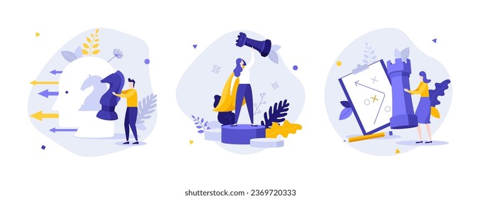 Successful business strategy flat concept vector illustrations set. Planning enterprise development cartoon composition. Commercial startup improvement plan idea for website, presentation