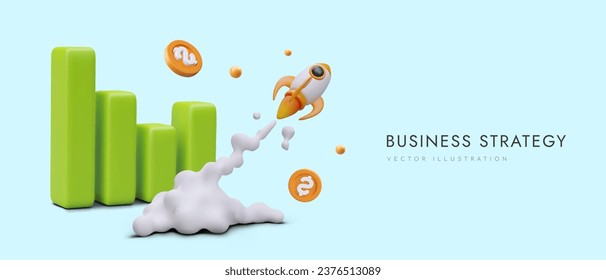 Successful business strategy. Spaceship flies up along growing bar graph, coins fly in all directions. Advertising vector template on colored background. Web design