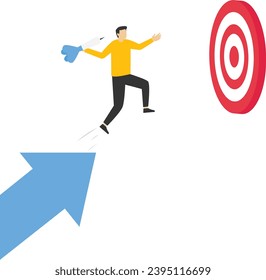 Successful business target achievement concept, achieve target and goal concept, hold graphic arrow up and jump on target bullseye to win in business strategy, businessman leader.

