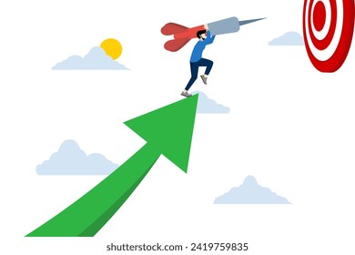 Successful business target achievement concept, achieving target and goal concept, holding graphic arrow up and jumping on target to win in business strategy, businessman leader.