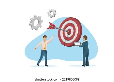 Successful business target, achievement business performance and target marketing. Happy businessmen with dart on bullseye dashboard.