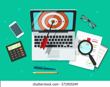 Successful business target achievement vector illustration, laptop computer with aim and analysing financial data, targeting research concept, success goals report