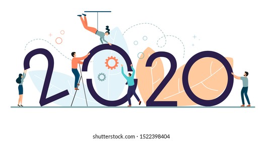 A successful business team builds its work in 2020. Business concept for 2020. Vector illustration in cartoon flat style.